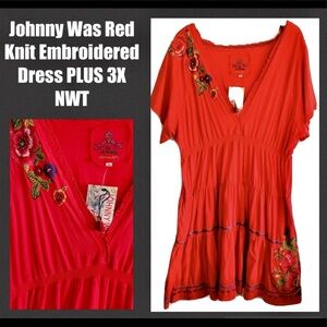 Johnny Was Red Dress Plus 3X Beautiful Embroidery Sexy Midi Dress EUC